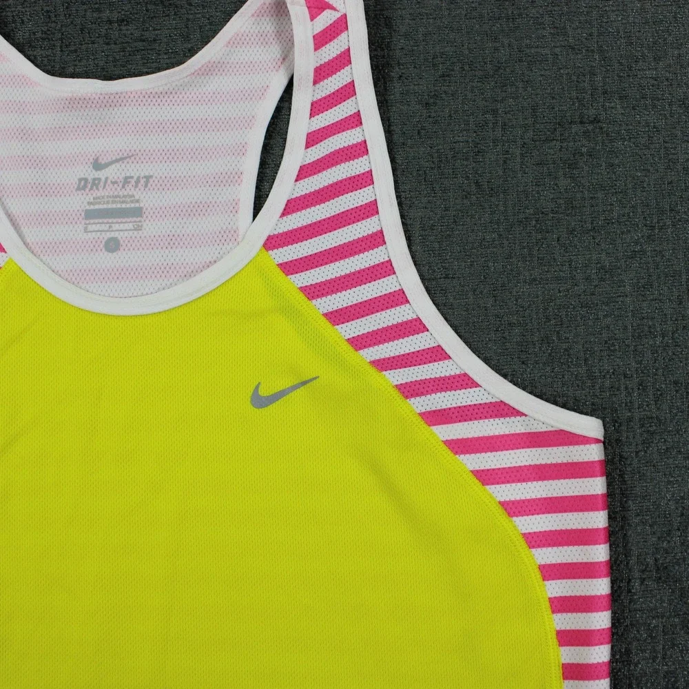 Nike Dri-FIT Womens Tank Top Neon Yellow Pink Striped Racerback Running Small